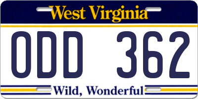 WV license plate ODD362