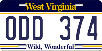 WV license plate ODD374
