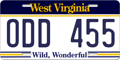 WV license plate ODD455