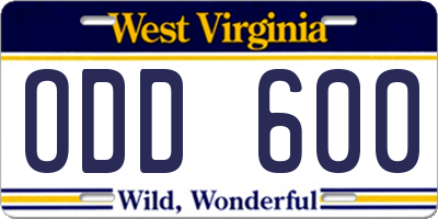 WV license plate ODD600