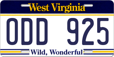 WV license plate ODD925