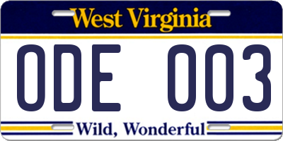 WV license plate ODE003