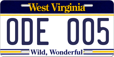 WV license plate ODE005