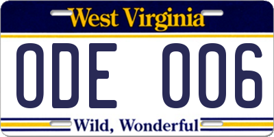 WV license plate ODE006