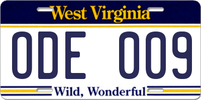 WV license plate ODE009