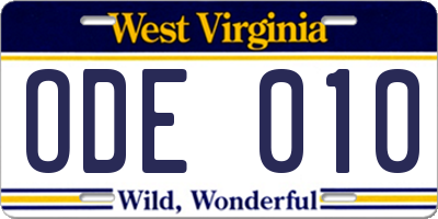 WV license plate ODE010