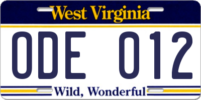 WV license plate ODE012