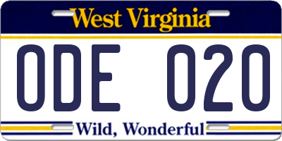 WV license plate ODE020