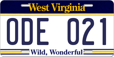 WV license plate ODE021