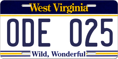 WV license plate ODE025