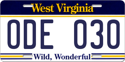 WV license plate ODE030