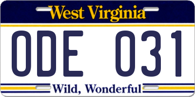 WV license plate ODE031