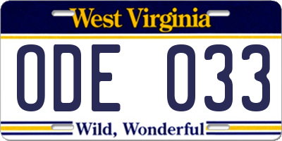 WV license plate ODE033