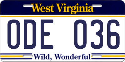 WV license plate ODE036