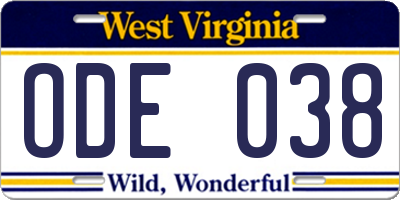WV license plate ODE038