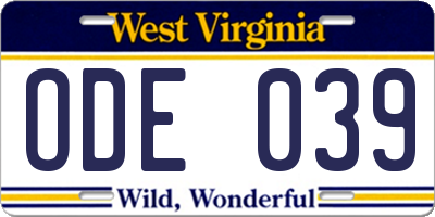 WV license plate ODE039