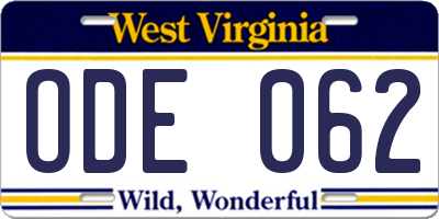 WV license plate ODE062