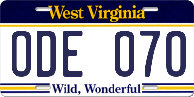 WV license plate ODE070