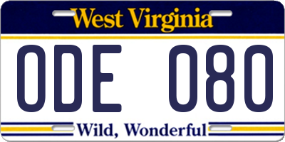 WV license plate ODE080
