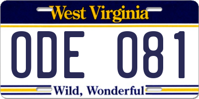 WV license plate ODE081