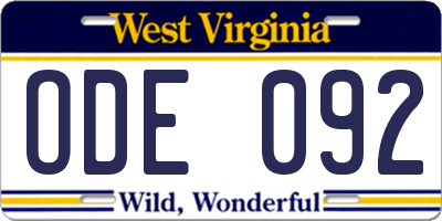 WV license plate ODE092