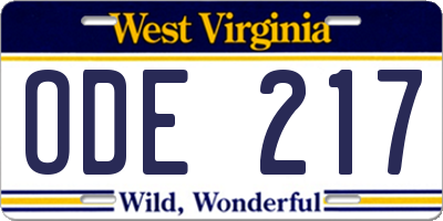 WV license plate ODE217