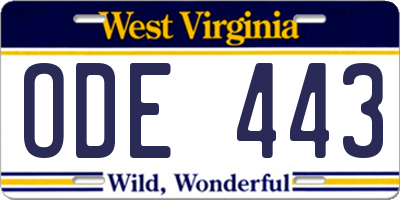 WV license plate ODE443