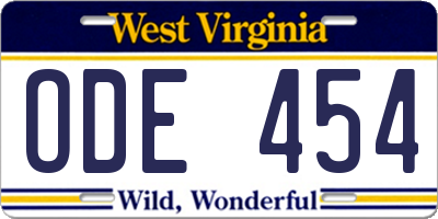 WV license plate ODE454