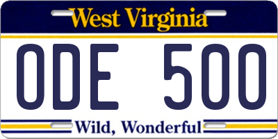 WV license plate ODE500
