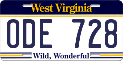 WV license plate ODE728