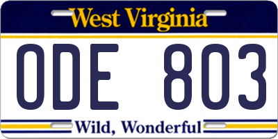 WV license plate ODE803