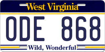 WV license plate ODE868