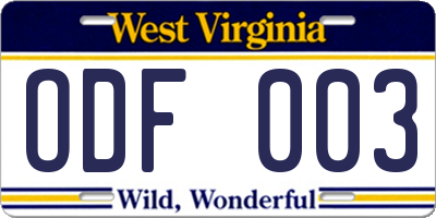 WV license plate ODF003