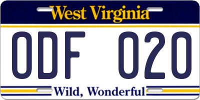 WV license plate ODF020