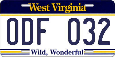 WV license plate ODF032