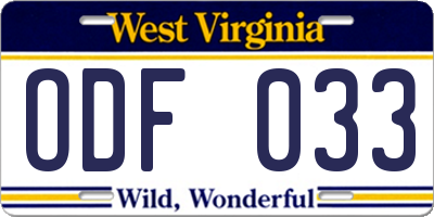 WV license plate ODF033