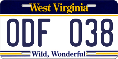 WV license plate ODF038