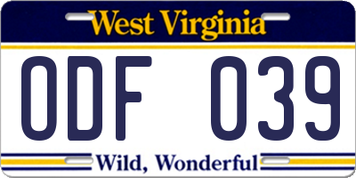 WV license plate ODF039