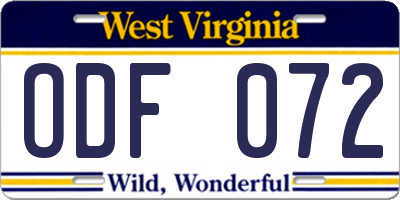 WV license plate ODF072