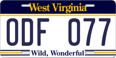 WV license plate ODF077