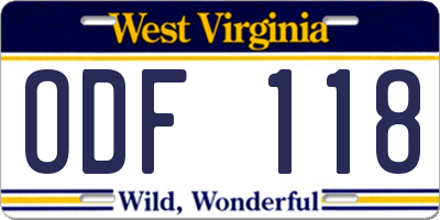 WV license plate ODF118