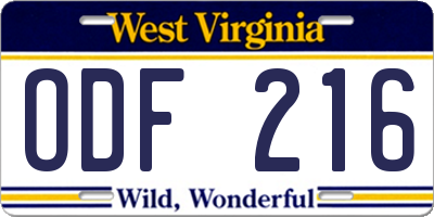 WV license plate ODF216