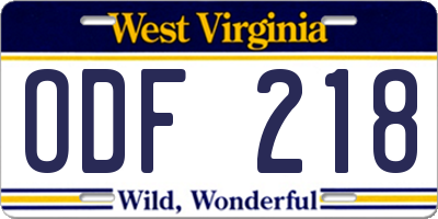 WV license plate ODF218