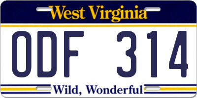 WV license plate ODF314