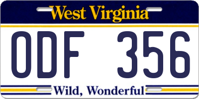 WV license plate ODF356