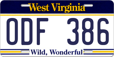 WV license plate ODF386