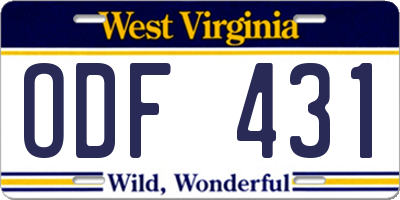 WV license plate ODF431