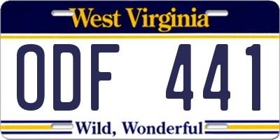 WV license plate ODF441