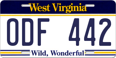 WV license plate ODF442
