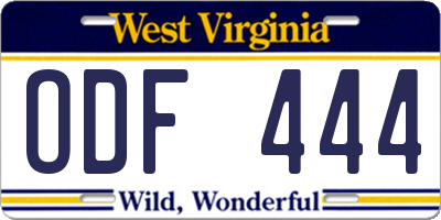 WV license plate ODF444